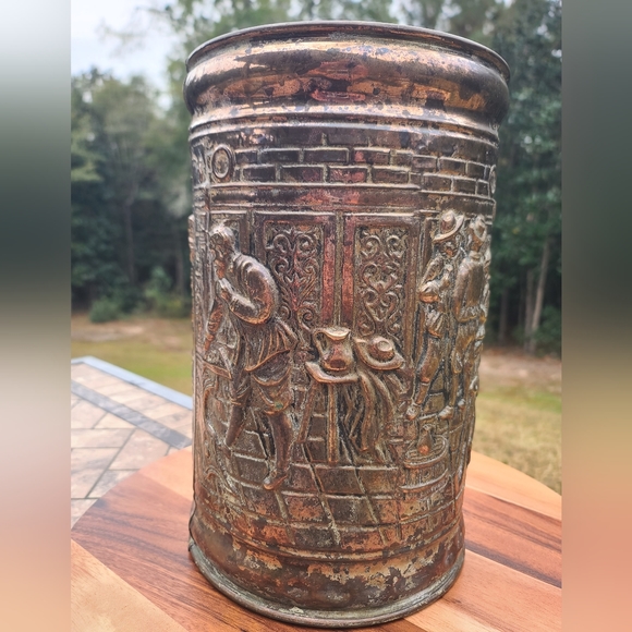 1930s Embossed Brass Trash Can/Umbrella Stand - Picture 2 of 8